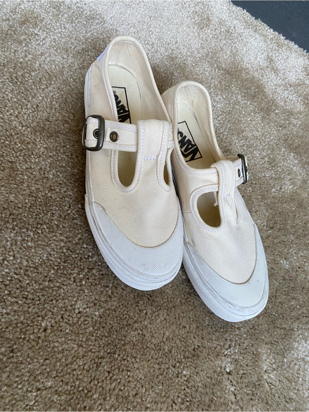 Vans Cream Canvas T-Strap Loafers with Buckle